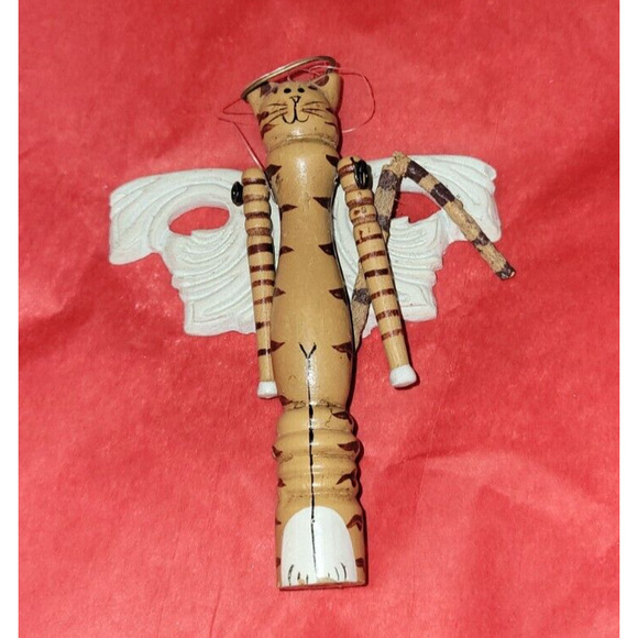 Vintage Folk Art Angel Wooden Jointed Arms Cat Hand Painted Christmas Ornament - Picture 1 of 5